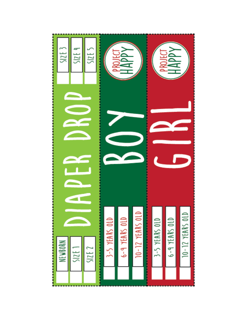 The Project Happy label sheet: three strips labelled Diaper Drop, Boy and Girl, each with age or size boxes to tick